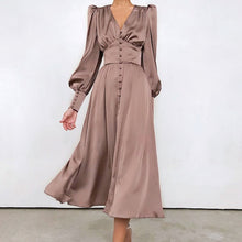 将图片加载到图库查看器,OOTN Beige Single Breasted Sexy Dress Party Clud High Waist Satin Long Dress Elegant V Neck Women Midi Dresses Lantern Sleeve