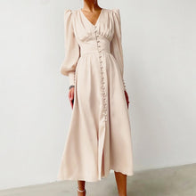 将图片加载到图库查看器,OOTN Beige Single Breasted Sexy Dress Party Clud High Waist Satin Long Dress Elegant V Neck Women Midi Dresses Lantern Sleeve