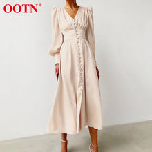 将图片加载到图库查看器,OOTN Beige Single Breasted Sexy Dress Party Clud High Waist Satin Long Dress Elegant V Neck Women Midi Dresses Lantern Sleeve