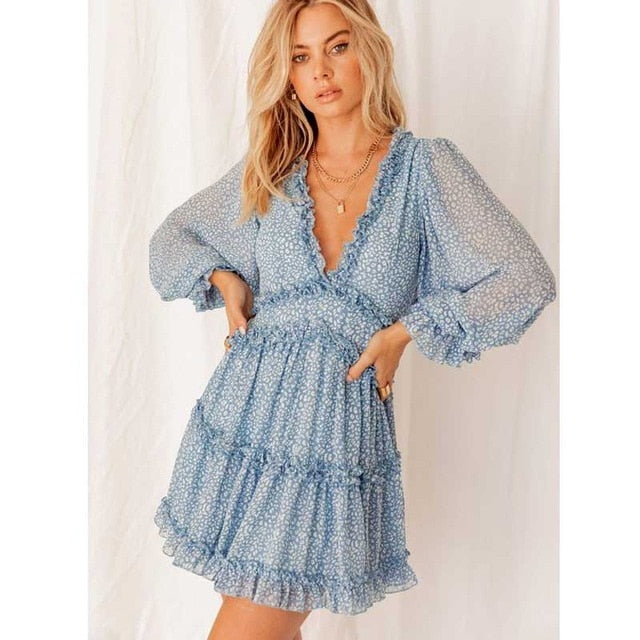 BOHO INSPIRED Harlow Floral Print Ruffle Dress women backless V-neck dress women mini plus size dress ladies 2021 party dress