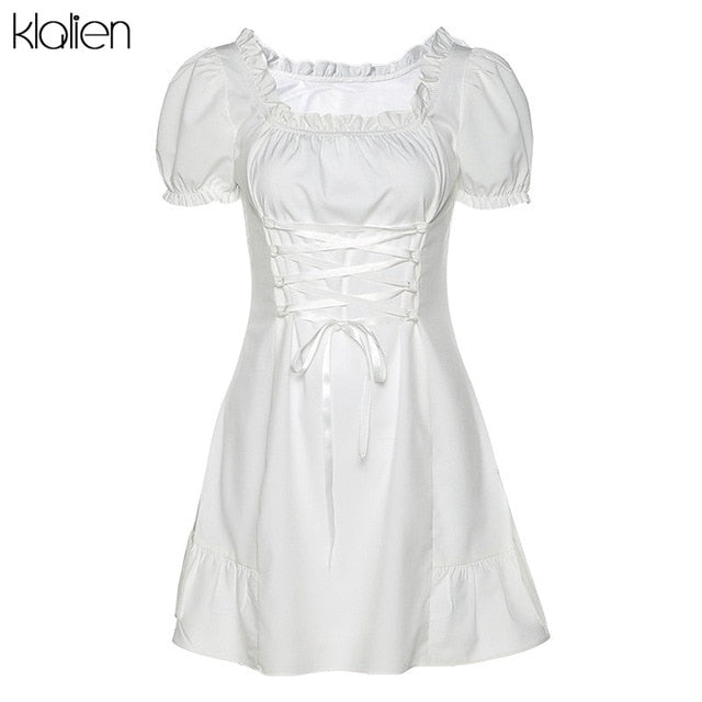 KLALIEN Fashion Elegant Bow White Female Mini Dress Summer Party Birthday Festival Cute Sexy French Romantic Silk Dress Women