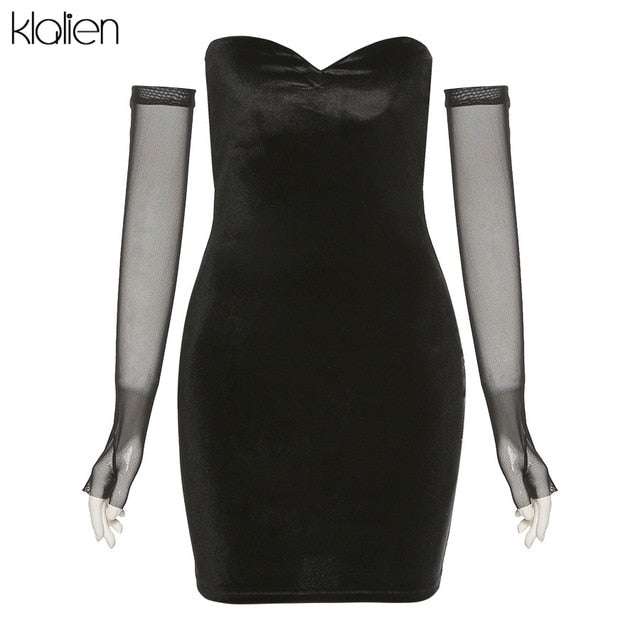 KLALIEN Fashion Sexy Party Beach Birthday Black Strapless Dress Women New Simple Slim Removable Mesh sleeves Female Dress