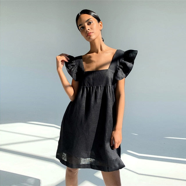 Muiches Casual Square Collar Butterfly Sleeve Mini Sweet Dress Woman Backless High Waist Loose Linen Solid Dress 2021 Summer